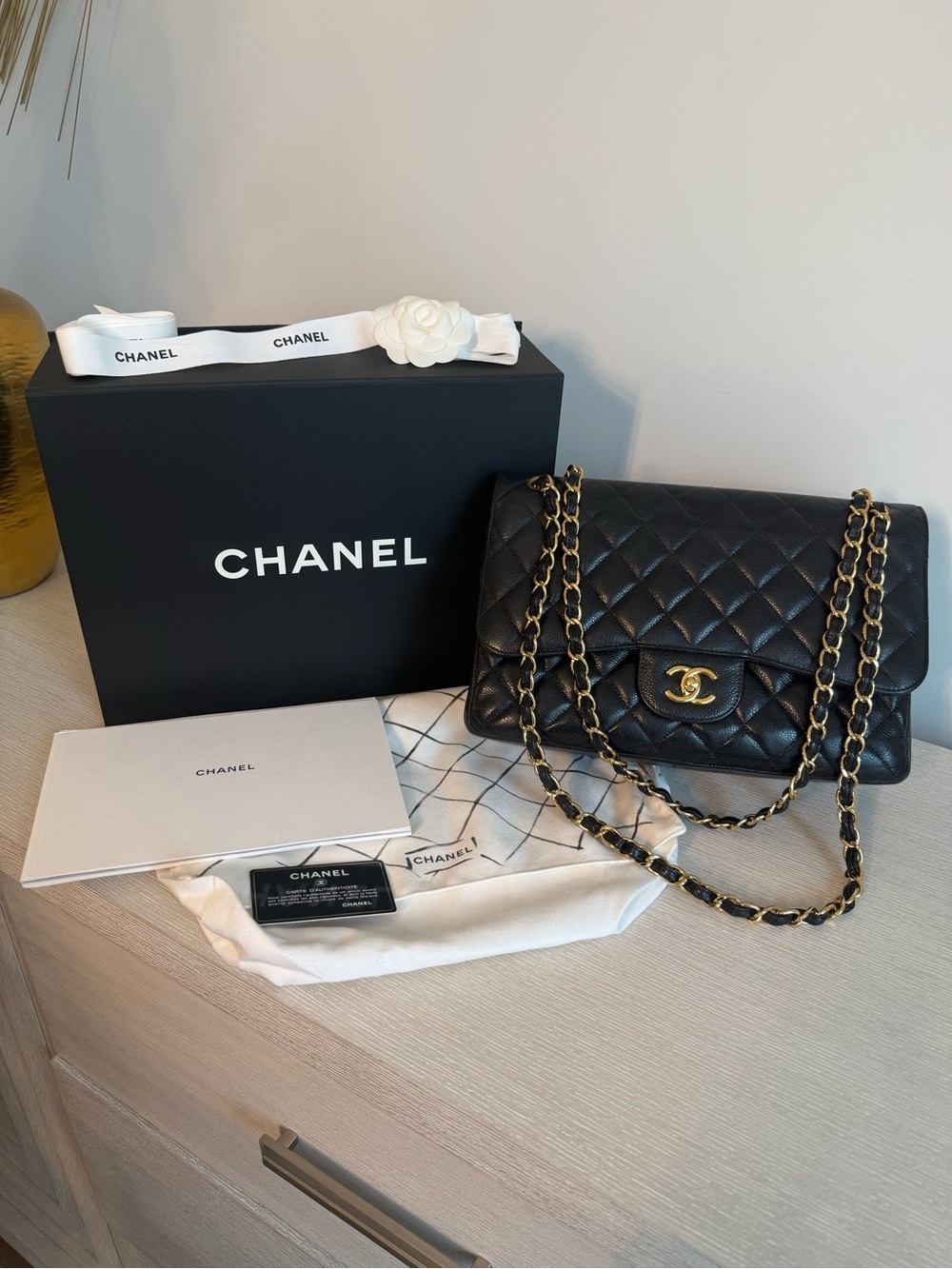 Authentic CHANEL -Black Caviar -Jumbo Double Flap Bag- GHW- Excellent!